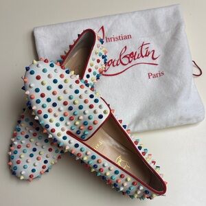 Christian Louboutin White Leather Flats with Multicolour Studs Size 10/41